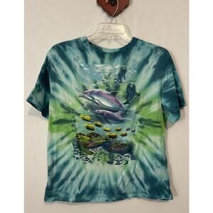 Mighty Fine Womens XL Tie Dye Dolphin Turtle Fish Green Cotton Tshirt! A6670
